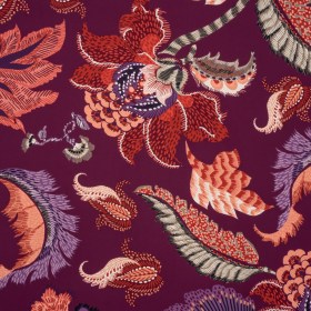 Polyester Crepe Print – Berry, Coral Pink, and Purple Jacobean Floral – Designer Deadstock Polyester Crepe Print – Berry, Coral Pink, and Purple Jacobean Floral – Designer Deadstock