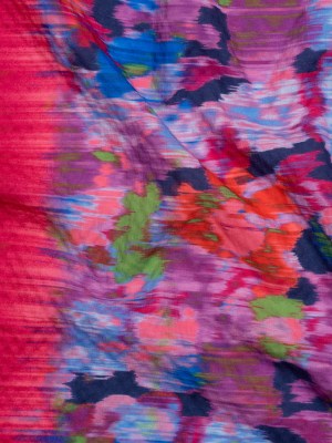 Stretch Polyester Seersucker – Bright Pink, Purple and Blue Ikat Floral – Designer Deadstock Stretch Polyester Seersucker – Bright Pink, Purple and Blue Ikat Floral – Designer Deadstock