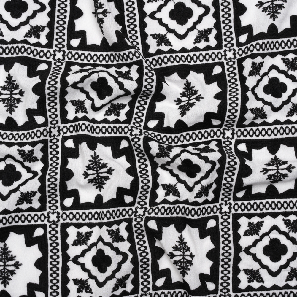 Embroidered Crinkled Rayon Gauze – Black and White Decorative Tiles – Designer Deadstock Embroidered Crinkled Rayon Gauze – Black and White Decorative Tiles – Designer Deadstock