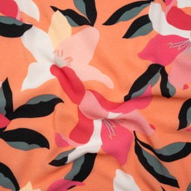 Stretch Polyester Crepe – Orange, Pink and White Floral – Designer Deadstock Stretch Polyester Crepe – Orange, Pink and White Floral – Designer Deadstock