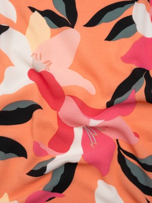 Stretch Polyester Crepe – Orange, Pink and White Floral – Designer Deadstock Stretch Polyester Crepe – Orange, Pink and White Floral – Designer Deadstock