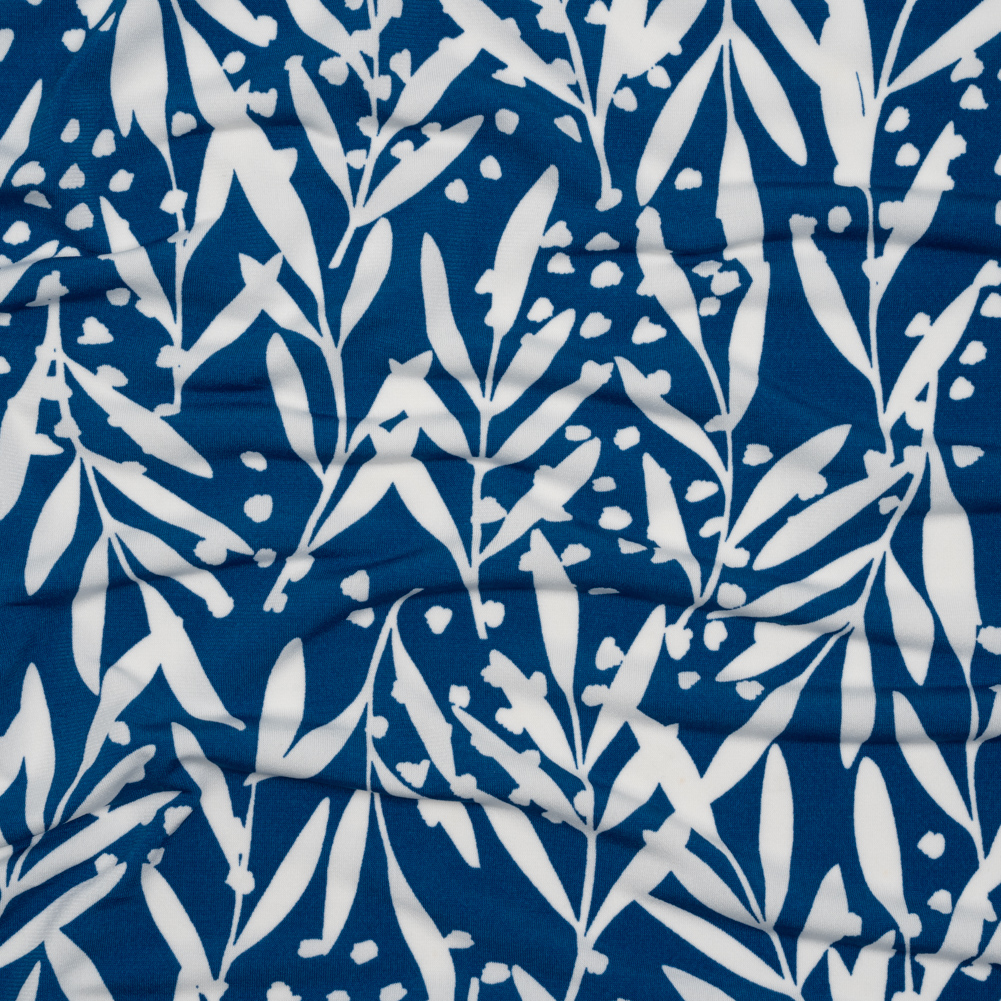 Stretch Polyester Tricot – Blue and White Leafy Stems – Designer Deadstock Stretch Polyester Tricot – Blue and White Leafy Stems – Designer Deadstock