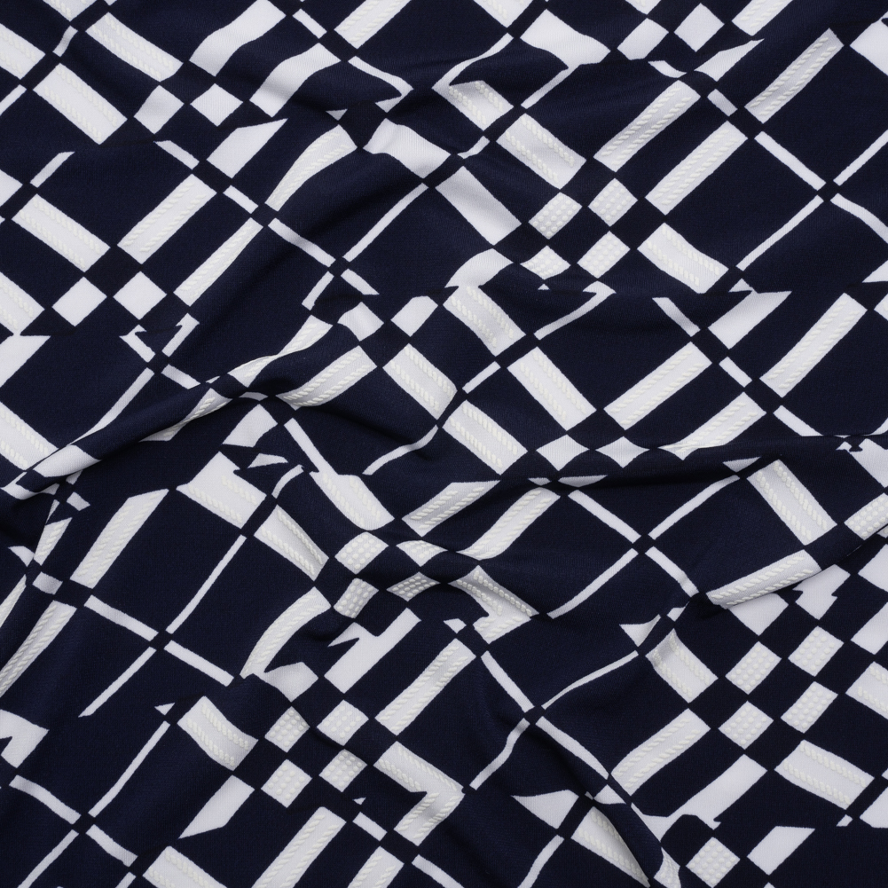 Stretch Polyester Tricot with Puff Print – Midnight Navy and White Broken Argyle Plaid – Designer Deadstock Stretch Polyester Tricot with Puff Print – Midnight Navy and White Broken Argyle Plaid – Designer Deadstock