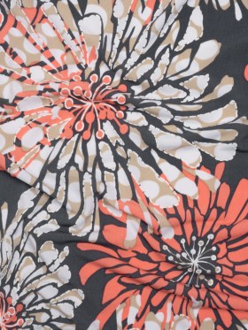 Stretch Polyester Tricot with Puff Print Outlines – Gray, Coral and Beige Floral – Designer Deadstock Stretch Polyester Tricot with Puff Print Outlines – Gray, Coral and Beige Floral – Designer Deadstock