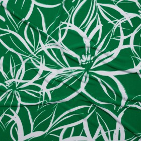 Stretch Polyester Tricot – Kelly Green and White Flowers and Leaves – Designer Deadstock Stretch Polyester Tricot – Kelly Green and White Flowers and Leaves – Designer Deadstock