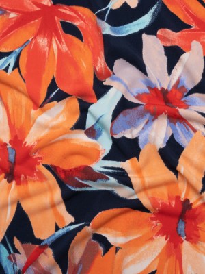 Stretch Polyester Tricot – Navy, Orange and Aqua Blue Painterly Flowers – Designer Deadstock Stretch Polyester Tricot – Navy, Orange and Aqua Blue Painterly Flowers – Designer Deadstock