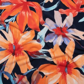 Stretch Polyester Tricot – Navy, Orange and Aqua Blue Painterly Flowers – Designer Deadstock Stretch Polyester Tricot – Navy, Orange and Aqua Blue Painterly Flowers – Designer Deadstock