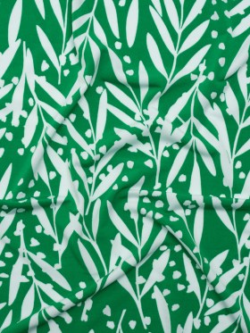 Stretch Polyester Tricot – Kelly Green and White Leafy Stems – Designer Deadstock Stretch Polyester Tricot – Kelly Green and White Leafy Stems – Designer Deadstock