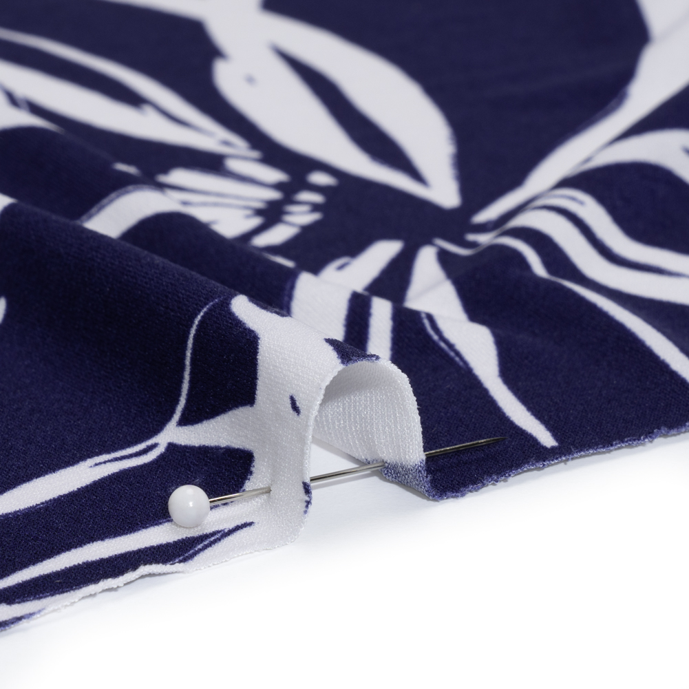 Stretch Polyester Tricot - Navy Blue and White Flowers and Leaves - Designer Deadstock