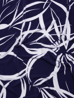 Stretch Polyester Tricot – Navy Blue and White Flowers and Leaves – Designer Deadstock Stretch Polyester Tricot – Navy Blue and White Flowers and Leaves – Designer Deadstock