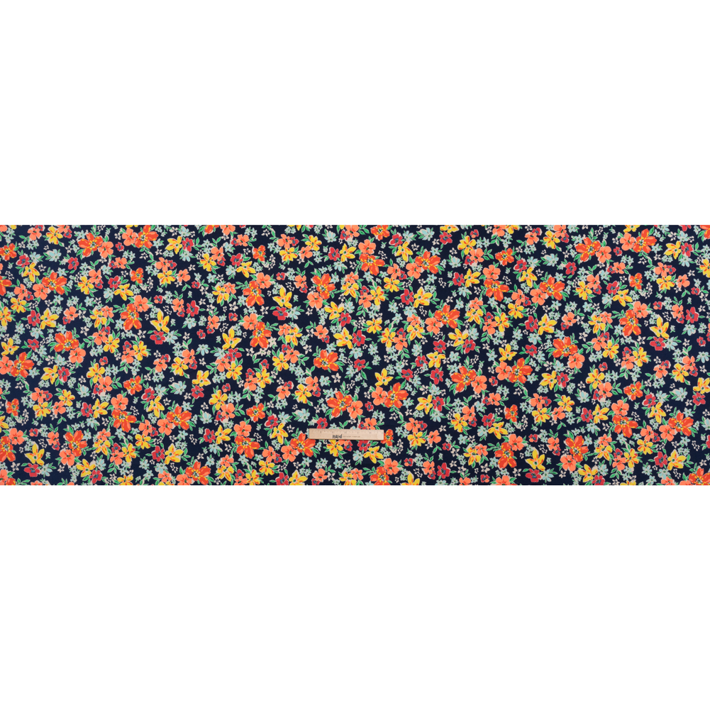 Stretch Polyester Tricot – Navy, Orange and Yellow Floral – Designer Deadstock Stretch Polyester Tricot – Navy, Orange and Yellow Floral – Designer Deadstock