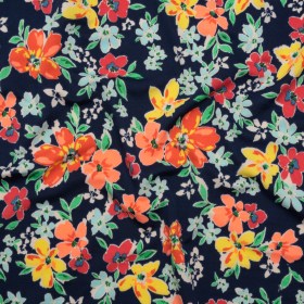 Stretch Polyester Tricot – Navy, Orange and Yellow Floral – Designer Deadstock Stretch Polyester Tricot – Navy, Orange and Yellow Floral – Designer Deadstock