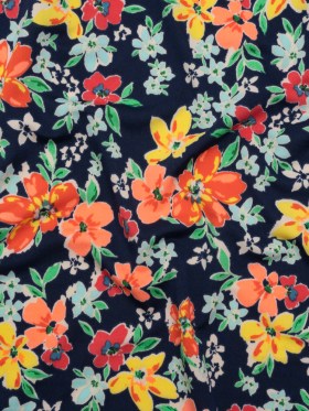 Stretch Polyester Tricot – Navy, Orange and Yellow Floral – Designer Deadstock Stretch Polyester Tricot – Navy, Orange and Yellow Floral – Designer Deadstock