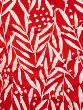 Stretch Polyester Tricot – Scarlet Red and White Leafy Stems – Designer Deadstock Stretch Polyester Tricot – Scarlet Red and White Leafy Stems – Designer Deadstock