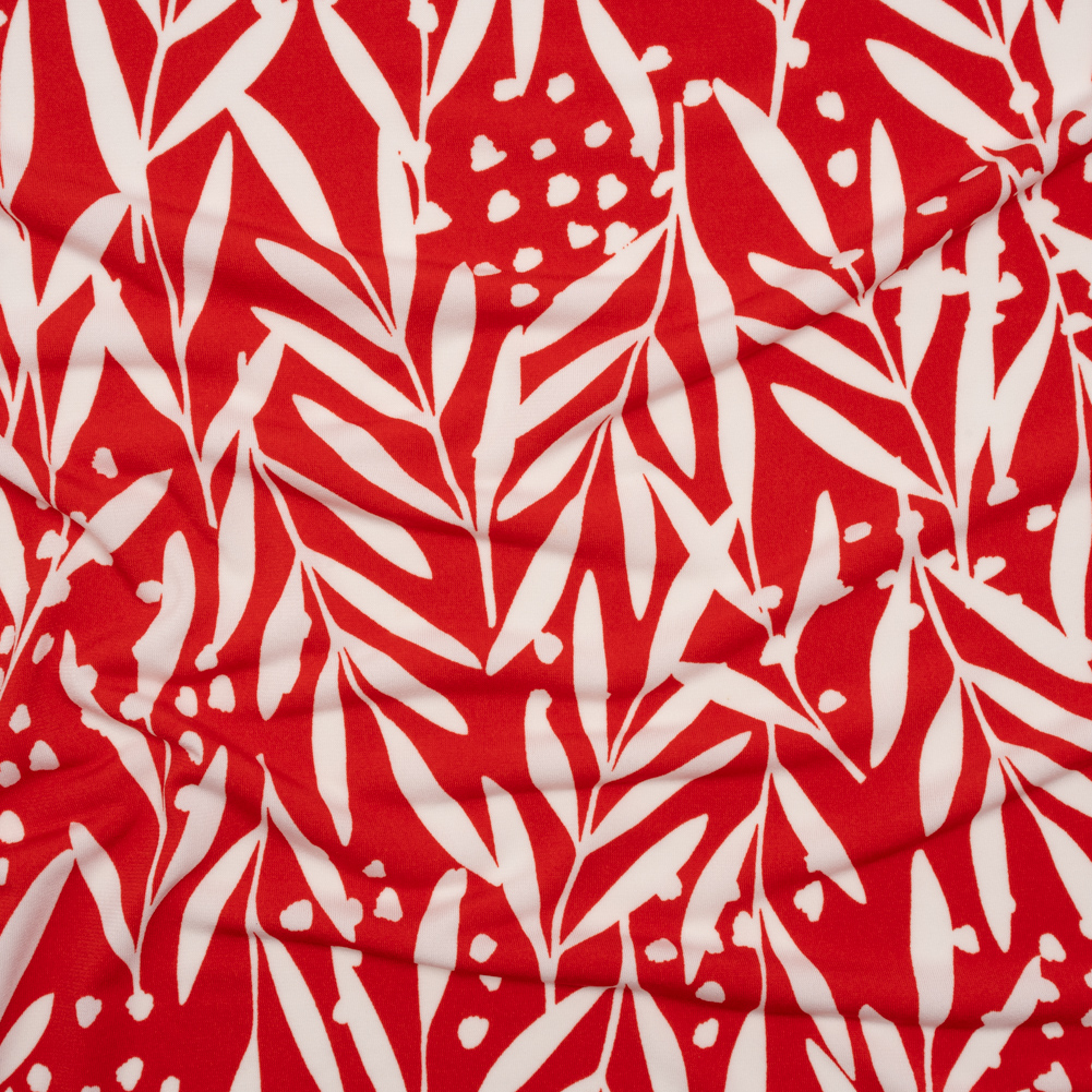 Stretch Polyester Tricot – Scarlet Red and White Leafy Stems – Designer Deadstock Stretch Polyester Tricot – Scarlet Red and White Leafy Stems – Designer Deadstock
