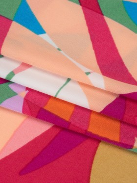 Stretch Polyester Tricot – Magenta, Green and Beige Overlapping Palm Leaves – Designer Deadstock Stretch Polyester Tricot – Magenta, Green and Beige Overlapping Palm Leaves – Designer Deadstock