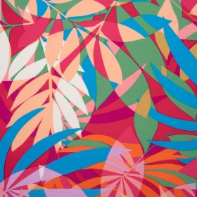 Stretch Polyester Tricot – Magenta, Green and Beige Overlapping Palm Leaves – Designer Deadstock Stretch Polyester Tricot – Magenta, Green and Beige Overlapping Palm Leaves – Designer Deadstock
