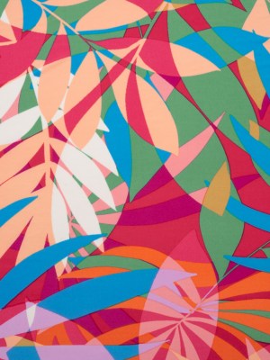 Stretch Polyester Tricot – Magenta, Green and Beige Overlapping Palm Leaves – Designer Deadstock Stretch Polyester Tricot – Magenta, Green and Beige Overlapping Palm Leaves – Designer Deadstock