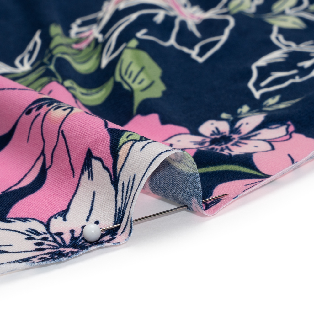 Stretch Polyester Tricot with Puff Print – Navy Blue, Pink and White Floral – Designer Deadstock Stretch Polyester Tricot with Puff Print – Navy Blue, Pink and White Floral – Designer Deadstock