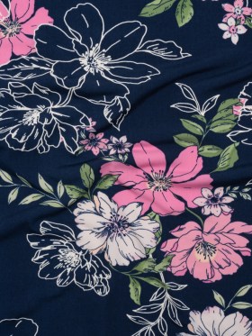 Stretch Polyester Tricot with Puff Print – Navy Blue, Pink and White Floral – Designer Deadstock Stretch Polyester Tricot with Puff Print – Navy Blue, Pink and White Floral – Designer Deadstock