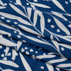 Stretch Polyester Tricot – Dark Blue and White Leafy Stems – Designer Deadstock Stretch Polyester Tricot – Dark Blue and White Leafy Stems – Designer Deadstock