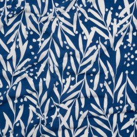 Stretch Polyester Tricot – Dark Blue and White Leafy Stems – Designer Deadstock Stretch Polyester Tricot – Dark Blue and White Leafy Stems – Designer Deadstock