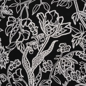 Stretch Polyester Tricot – Black and White Chain Stitch Flowers – Designer Deadstock Stretch Polyester Tricot – Black and White Chain Stitch Flowers – Designer Deadstock
