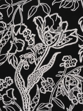 Stretch Polyester Tricot – Black and White Chain Stitch Flowers – Designer Deadstock Stretch Polyester Tricot – Black and White Chain Stitch Flowers – Designer Deadstock