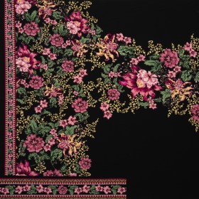 Stretch Polyester Tricot Panel – Black, Rose and Light Yellow Floral and Geometric Stripes – Designer Deadstock Stretch Polyester Tricot Panel – Black, Rose and Light Yellow Floral and Geometric Stripes – Designer Deadstock