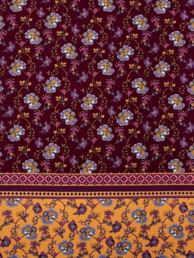 Stretch Polyester Tricot Panel – Burgundy, Creamsicle and Lilac Floral Patchwork and Decorative Stripes – Designer Deadstock Stretch Polyester Tricot Panel – Burgundy, Creamsicle and Lilac Floral Patchwork and Decorative Stripes – Designer Deadstock