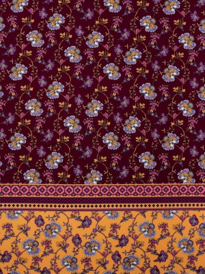 Stretch Polyester Tricot Panel – Burgundy, Creamsicle and Lilac Floral Patchwork and Decorative Stripes – Designer Deadstock Stretch Polyester Tricot Panel – Burgundy, Creamsicle and Lilac Floral Patchwork and Decorative Stripes – Designer Deadstock
