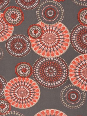 Stretch Polyester Tricot with Puffy Print – Gray, Coral Red and White Circle Medallions – Designer Deadstock Stretch Polyester Tricot with Puffy Print – Gray, Coral Red and White Circle Medallions – Designer Deadstock