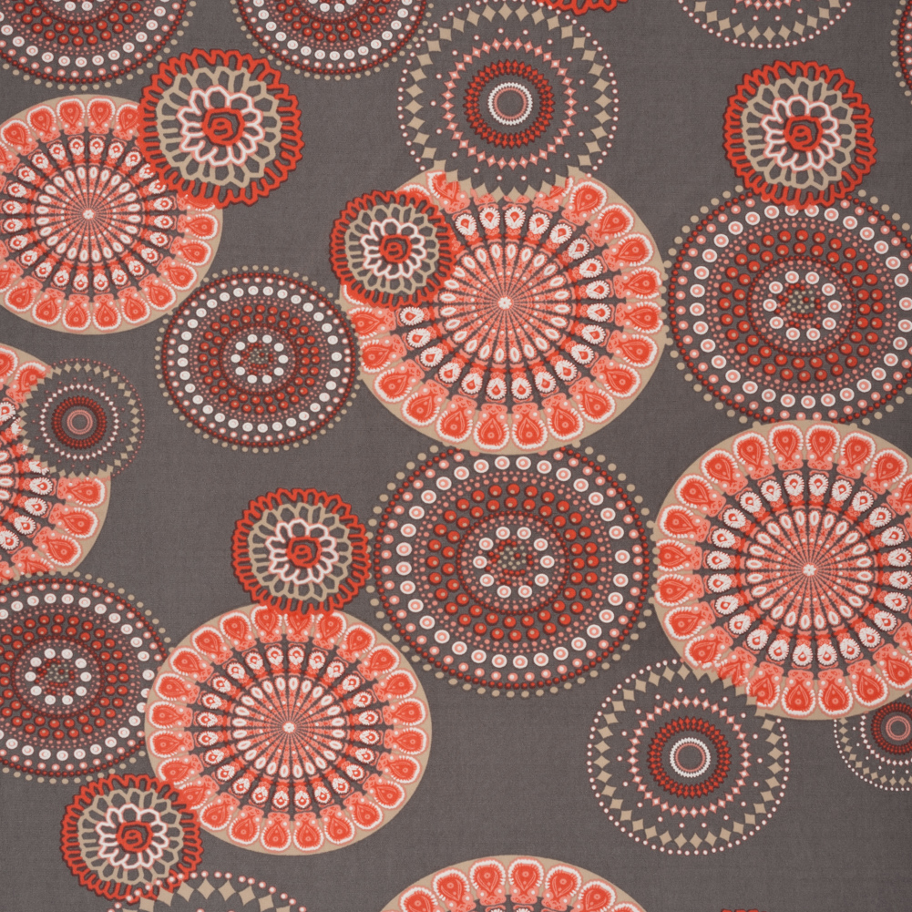 Stretch Polyester Tricot with Puffy Print – Gray, Coral Red and White Circle Medallions – Designer Deadstock Stretch Polyester Tricot with Puffy Print – Gray, Coral Red and White Circle Medallions – Designer Deadstock