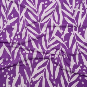 Stretch Polyester Tricot – Purple and Off White Leafy Stems – Designer Deadstock Stretch Polyester Tricot – Purple and Off White Leafy Stems – Designer Deadstock