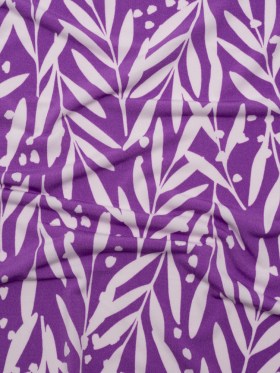 Stretch Polyester Tricot – Purple and Off White Leafy Stems – Designer Deadstock Stretch Polyester Tricot – Purple and Off White Leafy Stems – Designer Deadstock