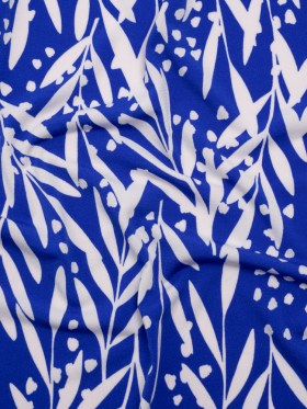 Stretch Polyester Tricot – Cobalt Blue and Off White Leafy Stems – Designer Deadstock Stretch Polyester Tricot – Cobalt Blue and Off White Leafy Stems – Designer Deadstock