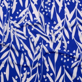 Stretch Polyester Tricot – Cobalt Blue and Off White Leafy Stems – Designer Deadstock Stretch Polyester Tricot – Cobalt Blue and Off White Leafy Stems – Designer Deadstock