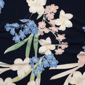 Stretch Polyester Tricot – Navy, Pale Rose and Soft Blue Florals with Scalloped Stripes Border – Designer Deadstock Stretch Polyester Tricot – Navy, Pale Rose and Soft Blue Florals with Scalloped Stripes Border – Designer Deadstock