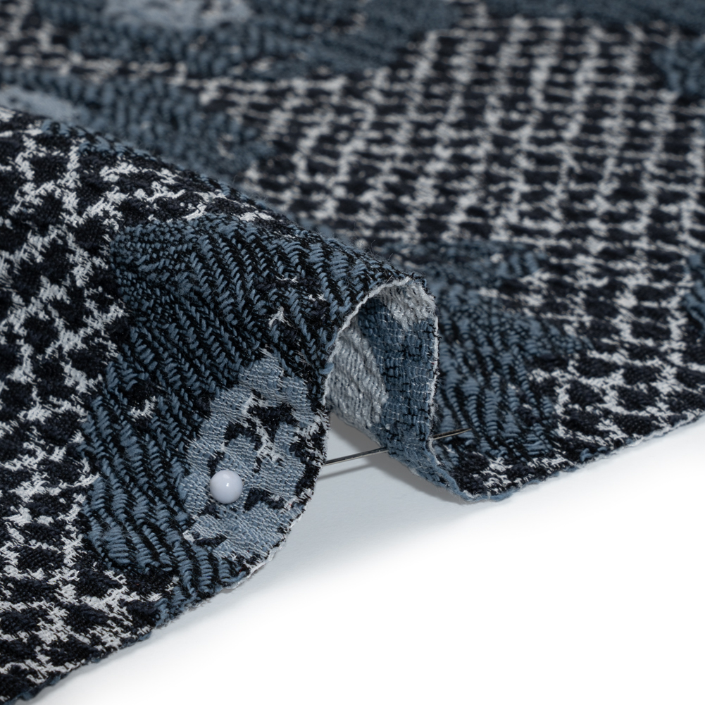 Cotton and Polyester Matelasse - Blue and Black Diamonds and Flowers - Designer Deadstock