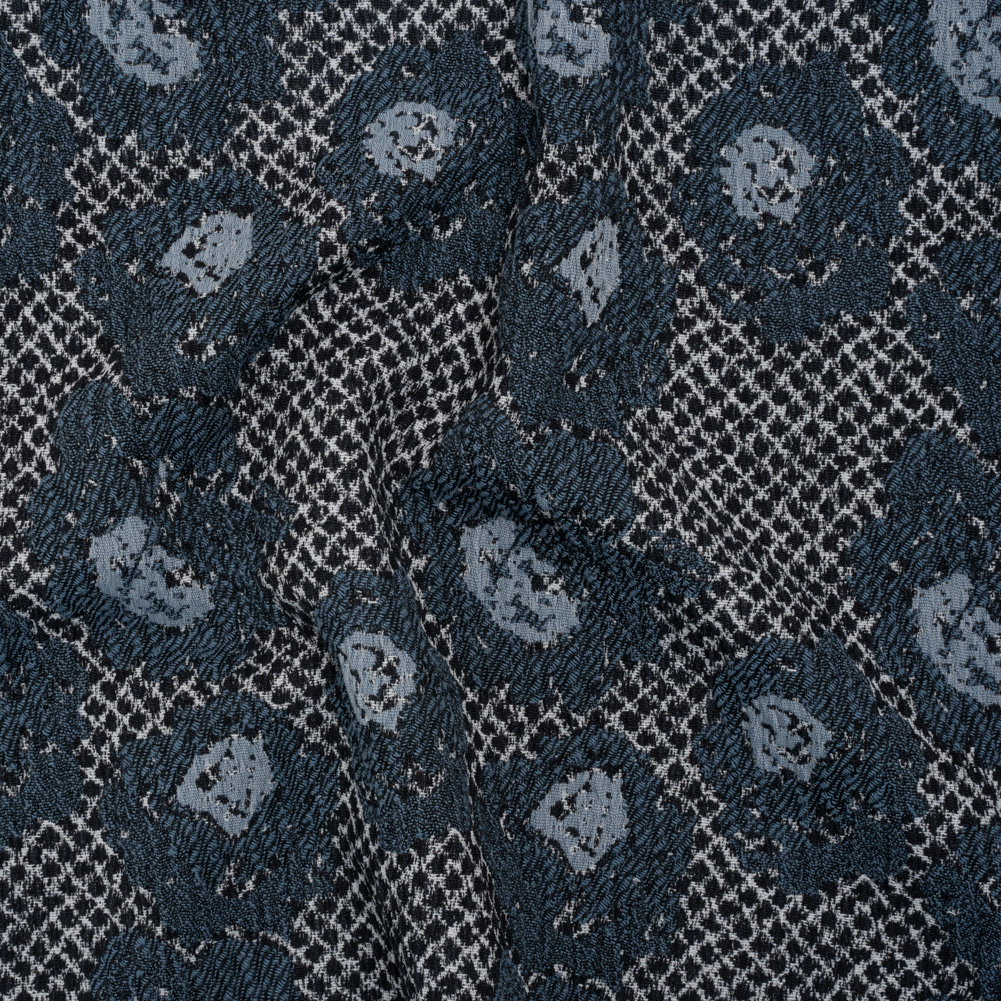 Cotton and Polyester Matelasse – Blue and Black Diamonds and Flowers – Designer Deadstock Cotton and Polyester Matelasse – Blue and Black Diamonds and Flowers – Designer Deadstock