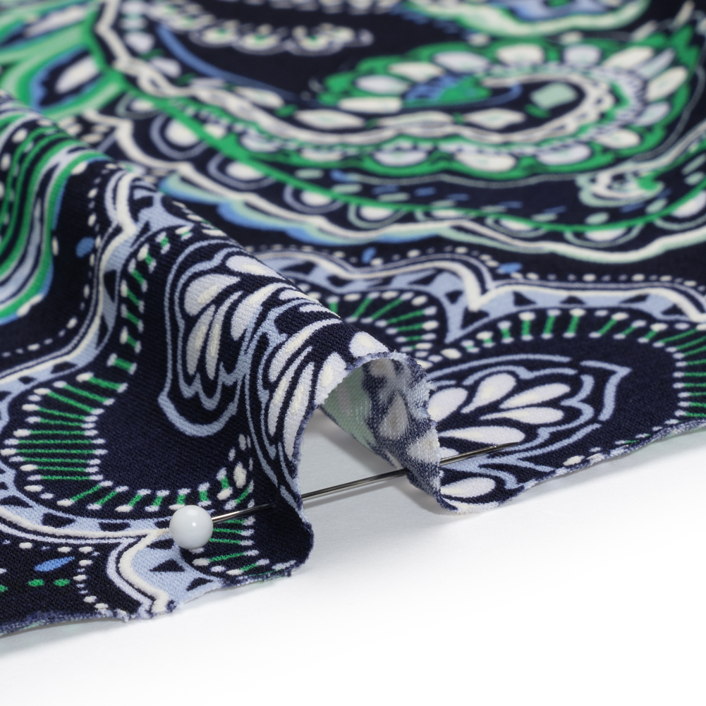 Stretch Polyester Tricot with Puff Print – Navy, Green and White Floral and Paisley – Designer Deadstock Stretch Polyester Tricot with Puff Print – Navy, Green and White Floral and Paisley – Designer Deadstock
