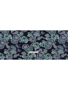 Stretch Polyester Tricot with Puff Print – Navy, Green and White Floral and Paisley – Designer Deadstock Stretch Polyester Tricot with Puff Print – Navy, Green and White Floral and Paisley – Designer Deadstock