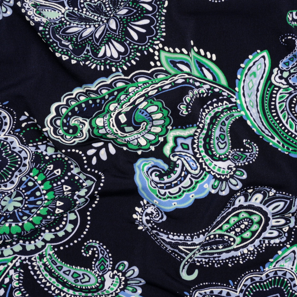 Stretch Polyester Tricot with Puff Print – Navy, Green and White Floral and Paisley – Designer Deadstock Stretch Polyester Tricot with Puff Print – Navy, Green and White Floral and Paisley – Designer Deadstock