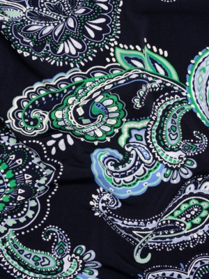 Stretch Polyester Tricot with Puff Print – Navy, Green and White Floral and Paisley – Designer Deadstock Stretch Polyester Tricot with Puff Print – Navy, Green and White Floral and Paisley – Designer Deadstock
