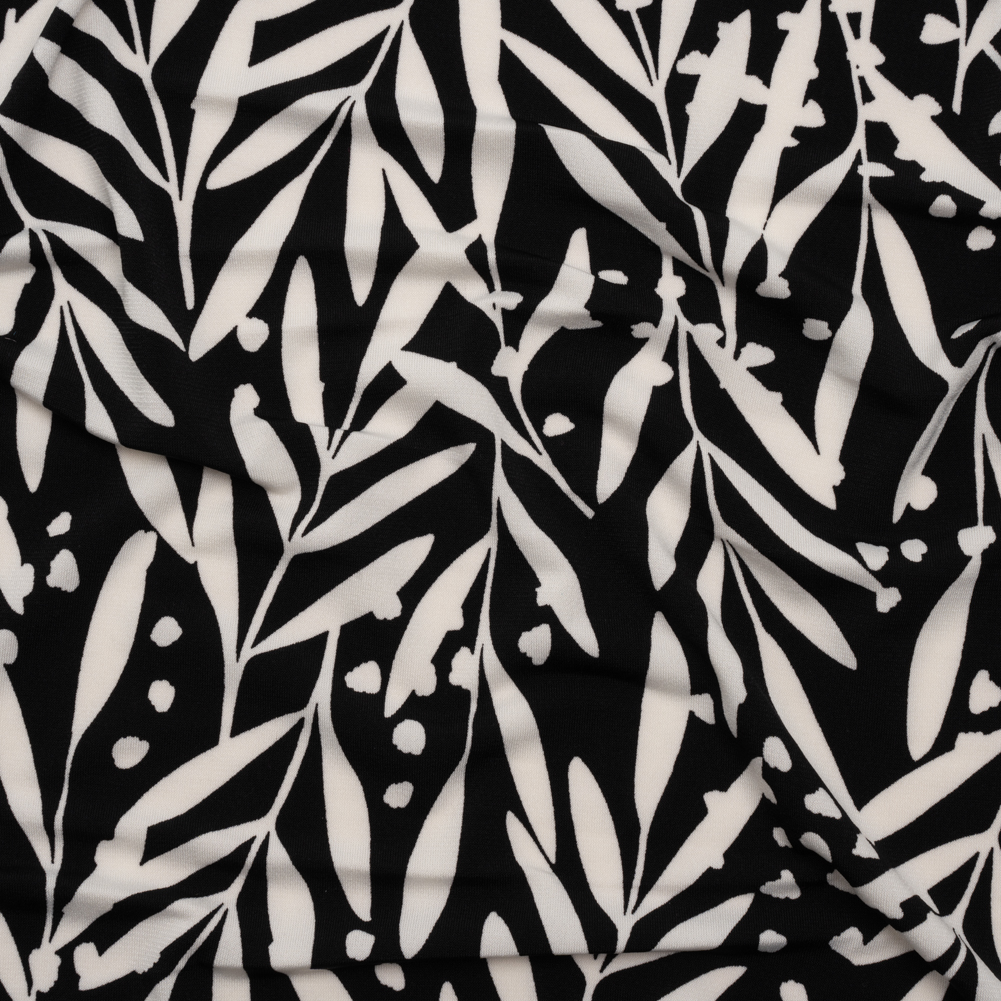 Stretch Polyester Tricot – Black and White Leafy Stems – Designer Deadstock Stretch Polyester Tricot – Black and White Leafy Stems – Designer Deadstock