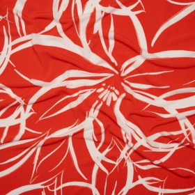 Stretch Polyester Tricot – Orange Red and White Flowers and Leaves – Designer Deadstock Stretch Polyester Tricot – Orange Red and White Flowers and Leaves – Designer Deadstock