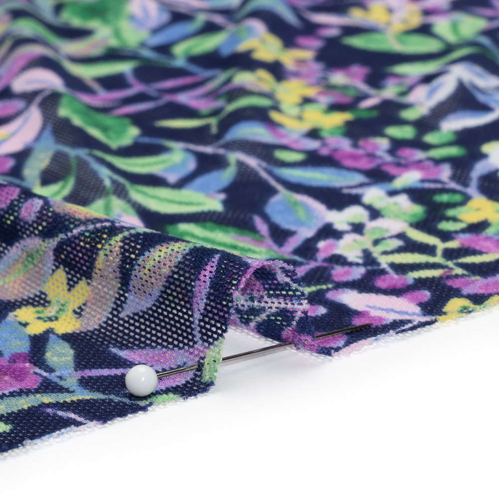 Polyester Stretch Mesh - Blue, Purple and Green Flowering Vines - Designer Deadstock
