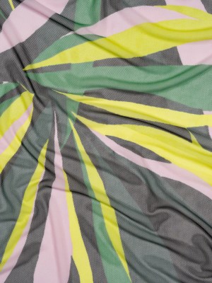 Stretch Polyester Mesh – Green, Pale Pink and Yellow Leaves – Designer Deadstock Stretch Polyester Mesh – Green, Pale Pink and Yellow Leaves – Designer Deadstock