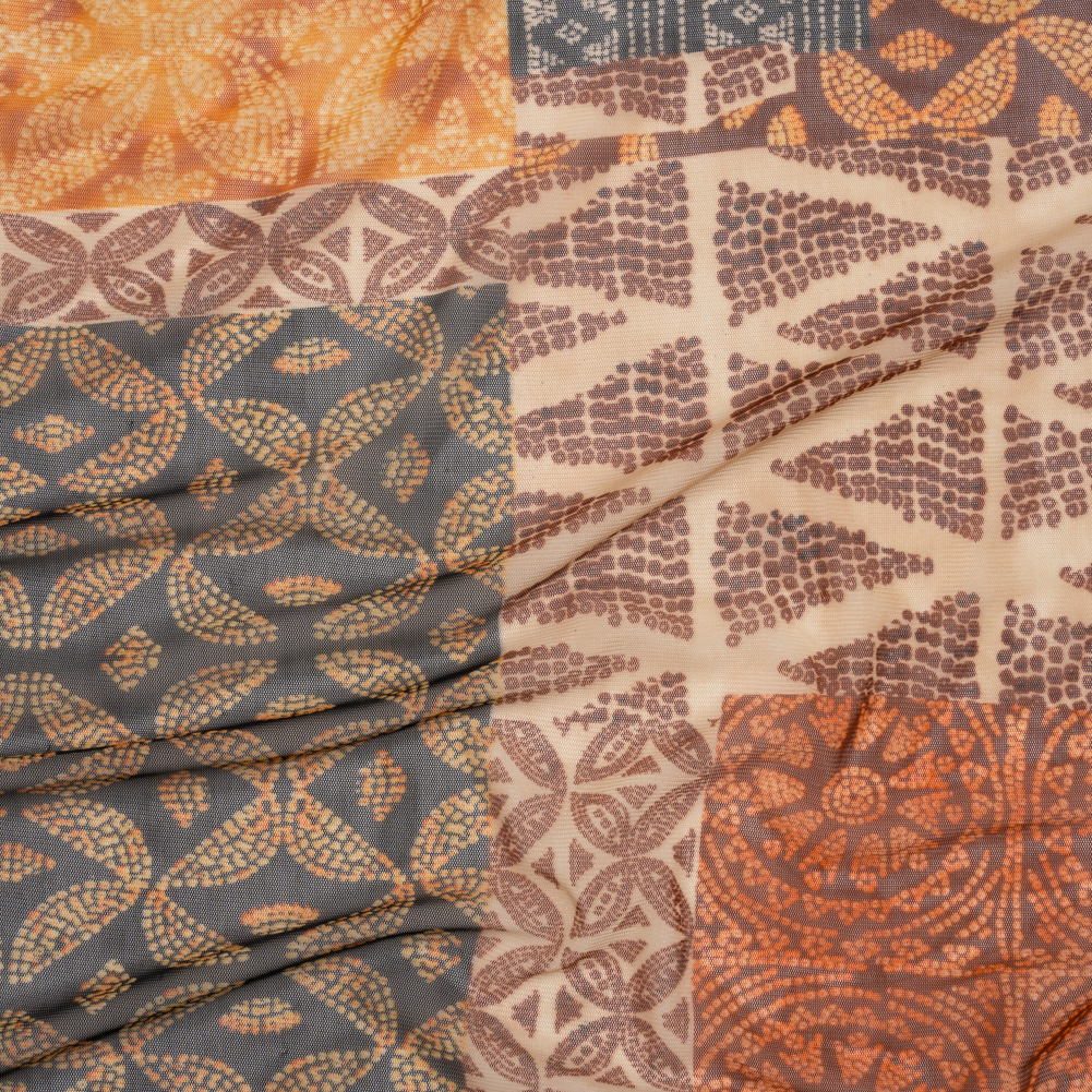 Polyester Stretch Mesh – Black, Auburn and Golden Yellow Batik-Like Geometric Patchwork – Designer Deadstock Polyester Stretch Mesh – Black, Auburn and Golden Yellow Batik-Like Geometric Patchwork – Designer Deadstock
