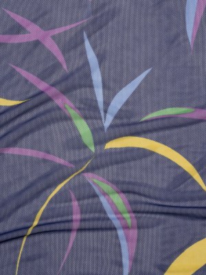 Polyester Stretch Mesh – Navy Blue, Purple and Green Leaf Party – Designer Deadstock Polyester Stretch Mesh – Navy Blue, Purple and Green Leaf Party – Designer Deadstock